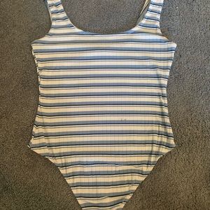 Blue and white striped tank top bodysuit